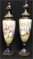 Pair Of Sevres Hand Painted Porcelain Urns