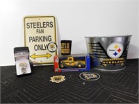 7 Pittsburgh Steelers Items-Sign, Bucket, misc.