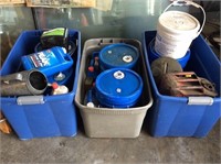 3 large totes of oil, antifreeze and gas cans