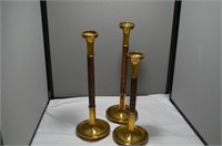 3pcs Brass and wood tall candle holders