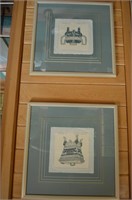 Pair of framed rice paper etchings artist signed