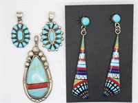 Navajo Colorful Sterling Earrings & (3) Pendants