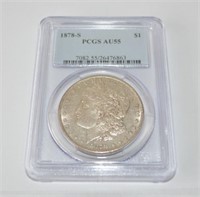 1878 S Morgan silver dollar, PCGS au55 graded