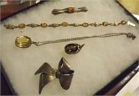 Sterling Vintage Citrine & topaz pendants, pin & B