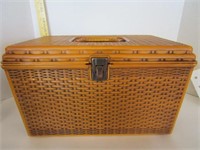Old sewing box with wooden spools, buttons, &
