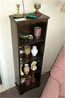 15" mahogany shelf, 46.5" H with assorted