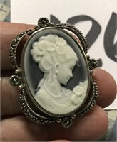 .925 SILVER MARQUISITE CAMEO PIN / BROOCH