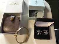 WAKO GINZA TRAVEL CLOCK & SIGNED JEWELRY ITEMS