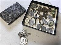 SILVER RELIGIOUS POCKETBOOK & MANY TOKENS / CHARMS
