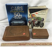 Two Car Books & Wooden Cigar Boxes