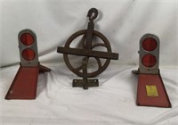 Vintage Well Pulley and 2 Emergency Reflectors