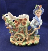 Large Colorful Bisque Boy With Flower Cart