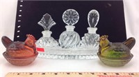Pair glass hen on nests and perfume bottle set
