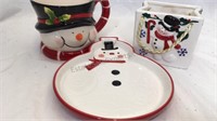 Snowman mug, Hallmark snowman serving dish, and