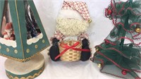Vintage Christmas tree music box, fabric Santa