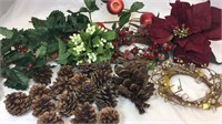 Christmas decor: 17 pinecones, mini holly wreath,
