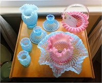 Lot. blue and cranberry opalescent hobnail