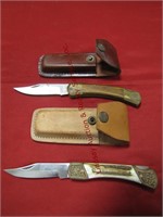 2 pocket knives w/ leather sheaths: 1 is stainless