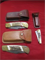 3 Fox Hound pocket knives w/ leather sheaths: