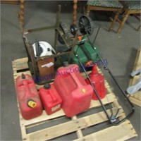 gas cans, sprayer, metal tool