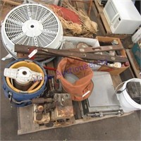 Fan, saw, level, tool buckets, scale
