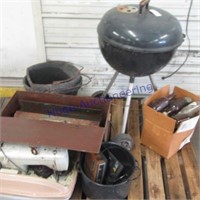 Bottles, Charcoal grill, buckets, metal tool box