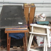 Chairs w/cloth seat, crate, steamer trunk
