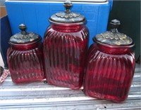 3 VNTG Styled Apple Red Glass & Finial Top Jars