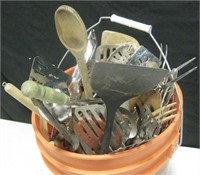 Bucket w/ Kitchen Metal & Wood Cooking Utensils