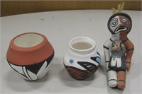 Lot of 2 Native Mini Pots & 1 Pottery Figurine