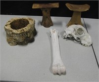 2 Wood Takamakuras, Wood Bowl & Bones