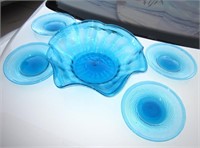 4 Summer Blue Hand Blown Glass Plates & 1 Bowl