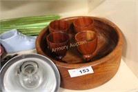WOODEN BOWL AND CORDIAL CUPS