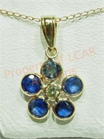 14 K Gold Sapphires Diamond Flower Pendant