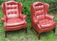 PAIR RED STUDDED LEATHER WINGBACK CHAIRS