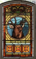 LARGE OLD LEADED GLASS WINDOW WITH STAG MOTIF