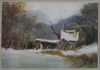 DON GETZ WATERCOLOR OF AN ABANDONED BARN IN WINTER