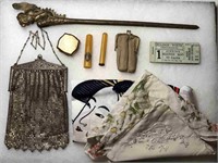 Metal change purse, tobacco items, handkerchiefs