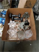 Box of 5 pound weights and glass pieces