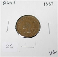 1869 INDIAN HEAD CENT RARE DATE VG