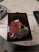 Asian painting of a woman and A cat
