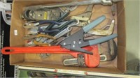 BOX OF PIPE WRENCH PLYERS ETC