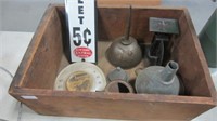 WOODEN BOX W SCALES , FUNNEL OIL CAN, SIGN