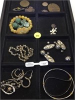 TRAY LOT OF FASHION JEWELRY, SOME SILVER, JADE