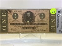 1864 "CIVIL WAAR ERA", $1 CONFERDERATE CURRENCY