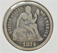 1875 SEATED DIME  VG