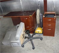 PART OF DESK WITH DRAWERS, CHAIR WITH BROKEN BASE,