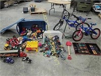 2 bikes, scooter, artist kit, toys, toys, toys