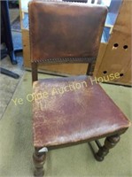 Oak Side Chairs With Well Used Leather Seats