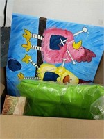 Box of canvas paintings and more
